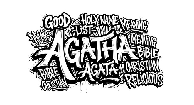 Black and white graphic design of the name agatha with related words
