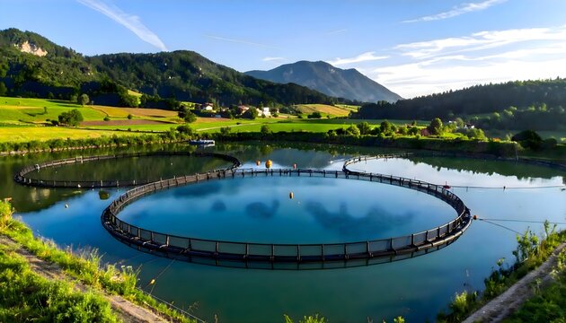 Circular fish farming pond in lush green valley with clear blue water and mountains