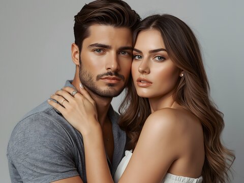 Beautiful couple portrait. Model men with his girlfriend posing together
