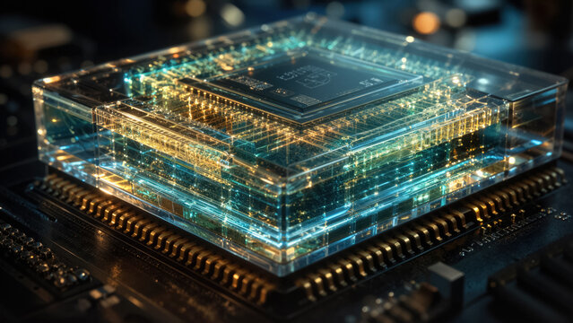 A transparent glass CPU with glowing laser threads for quantum computing and ai data processing