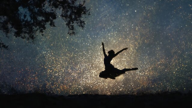 Silhouette of a dancer leaping against a starry night sky