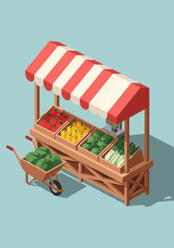 Isometric Farmers Market Stall with Fresh Organic Vegetables and Red Striped Awning