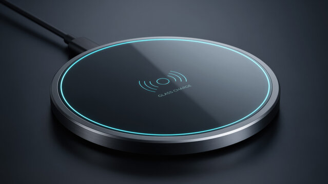 Sleek wireless charging pad for glass devices with a soft pulse of cyan light in a minimalist studio setting