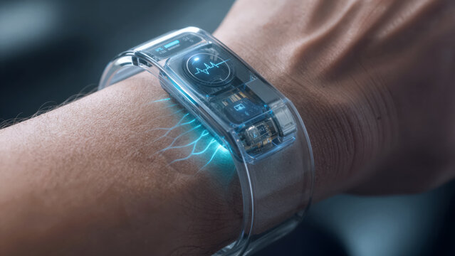 A transparent wearable health sensor on a wrist glowing with light pulses for real-time biotech