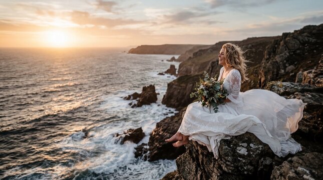 Bride in Wedding Dress Sitting on Cliff Overlooking Ocean at Sunset.
