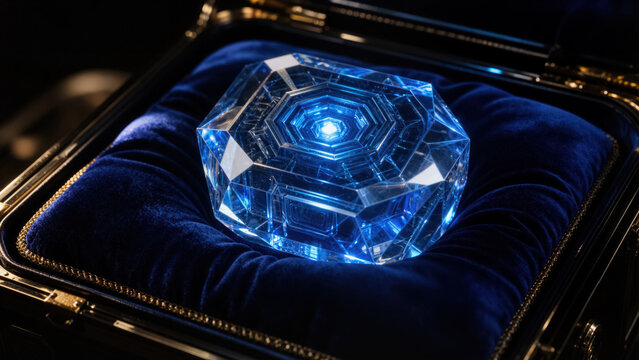 Futuristic data storage crystal with internal glowing geometric patterns resting on a luxury velvet cushion