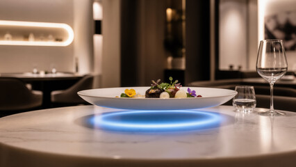 Fototapeta premium Gourmet plate levitating above table via magnetic induction with soft blue glow, high-end futuristic service