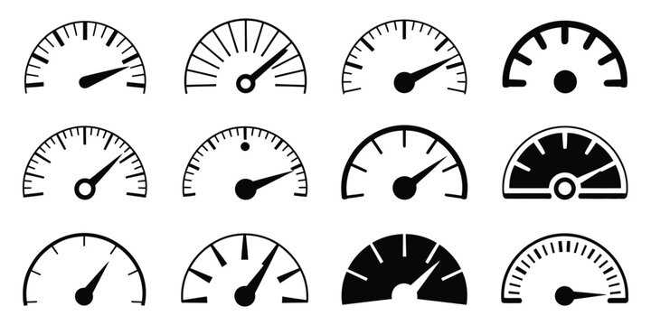 Abstract speedometer icon collection featuring diverse gauge scales, symbolizing speed control, acceleration monitoring