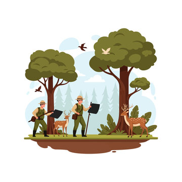 Two hunters with rifles and deer in a forest scene.