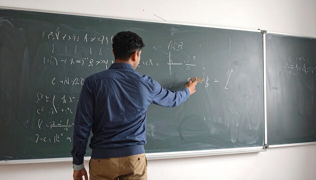 A person in a blue shirt writes on a chalkboard covered with mathematical equations, teaching a lesson. The scene is in a classroom