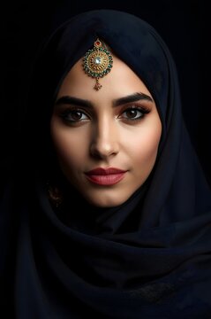Portrait of a beautiful woman in paranja. Portrait of a beautiful woman with arabian makeup in paranja on dark background