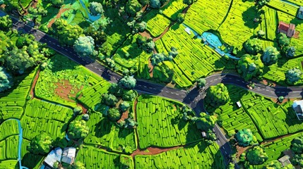 Fototapeta premium Elevated perspective captures winding roads traversing intensely cultivated verdant agricultural terraces and surrounding clusters of trees.