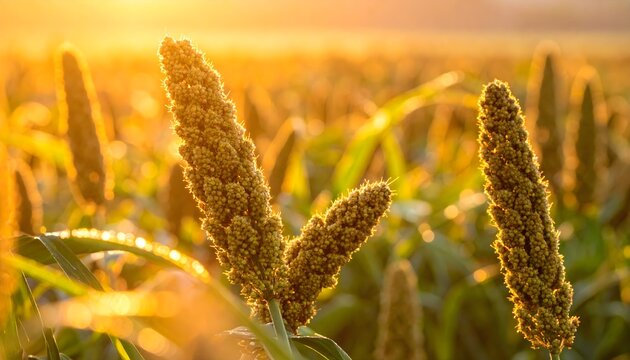 Golden foxtail millet ears glowing in warm sunlight during harvest season