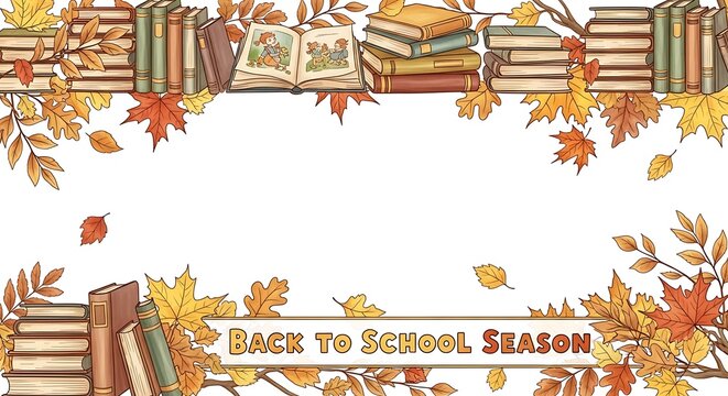 Autumnal books and leaves border illustration with back to school season