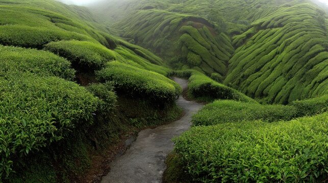 Lush green cultivated hillsides descend into a misty valley following a narrow pathway