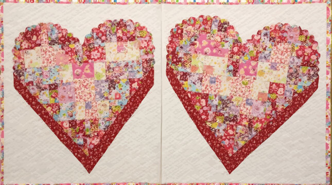Two colorful patchwork quilt hearts symbolize love and handmade craftsmanship
