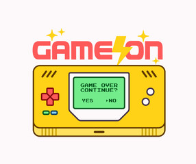 Cartoon retro handheld console showing game over continue screen. nostalgic gaming concept with bright colors and classic portable device design vector illustration hand drawn style © Walt