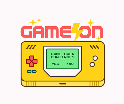 Cartoon retro handheld console showing game over continue screen. nostalgic gaming concept with bright colors and classic portable device design vector illustration hand drawn style