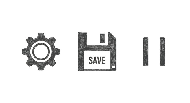 Hand-drawn sketch icons of a gear, a save floppy disk, and two vertical lines on a white background, representing settings, saving, and menu options.