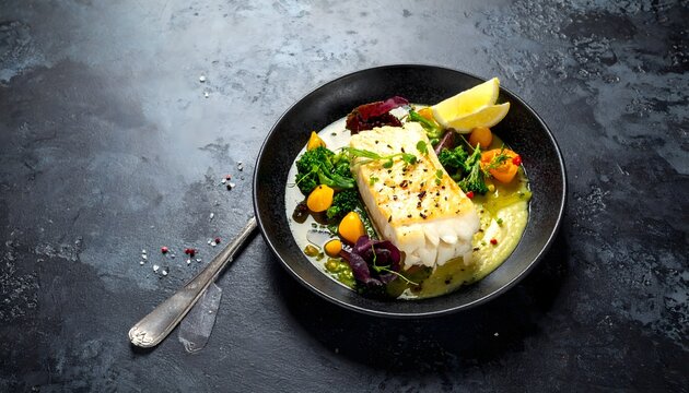 Grilled haddock fillet with fresh vegetables and lemon on dark slate plate