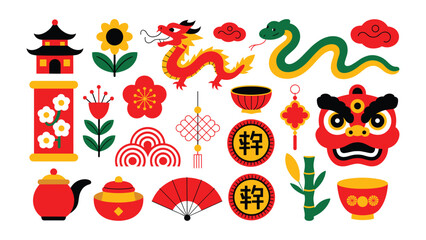 Chinese culture icons set, dragon lantern fan panda coin flowers traditional symbols, lunar new year vector illustration festive elements © LT studio