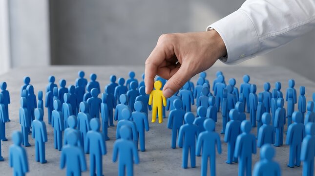 Giant hand picks a yellow human figure from a blue crowd symbolizing recruitment talent and leadership