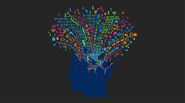 Abstract digital brain silhouette composed of colorful data icons and binary code on dark background.