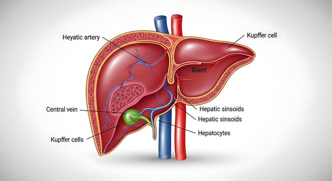 Liver anatomy with labeled hepatic structures.