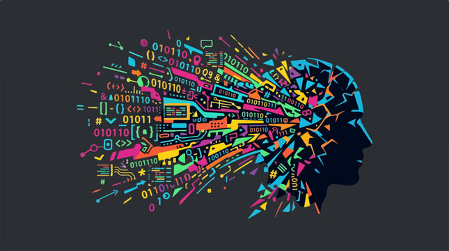 Abstract illustration of human head profile with digital binary code data flow.