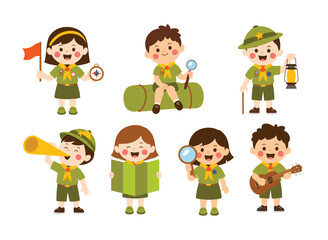 Naklejka premium cute scout kids cartoon set camping children uniform illustration adventure explorer activity characters outdoor learning fun collection vector