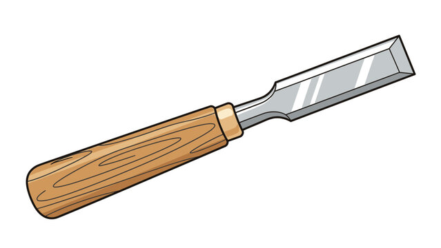Close-up of a sharp chisel with a wooden handle on a white background.