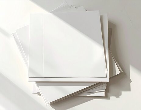 A Stack of Blank White Paper Sheets Bathed in Sunlight with Shadows