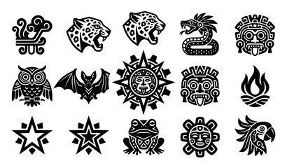 Ancient Mesoamerican culture icon set with Aztec Maya inspired mythic animal and ritual symbols vector collection © HoriProshad