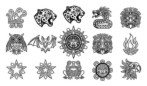 Hand drawn Mesoamerican symbol vector set with Aztec Maya inspired animal totems and ancient cultural glyph illustrations