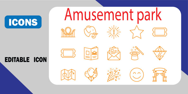 Set of amusement park icons with carnival and circus symbols in line art style isolated on white background