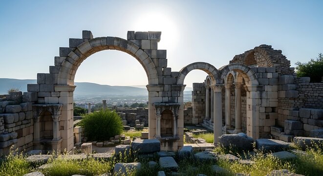 Ancient stone ruins under a bright sun against a clear blue sky