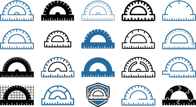 Simple educational measurement tool icon set featuring protractor and ruler for school supplies and mathematics concepts
