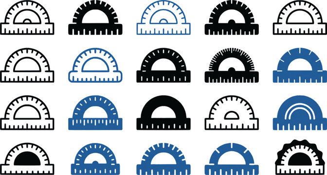 Simple educational measurement tool icon set featuring protractor and ruler for school supplies and mathematics concepts
