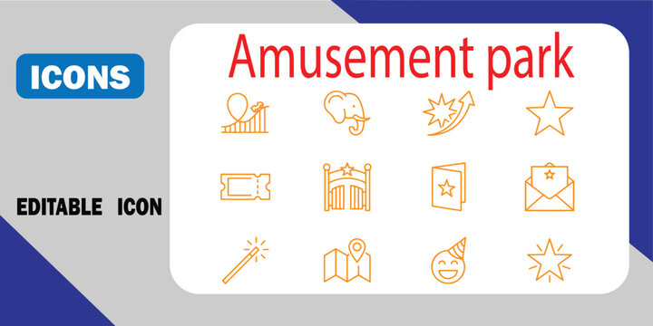 Set of amusement park icons featuring carnival attractions and entertainment symbols in a simple line art style for fun fair design projects isolated on white background