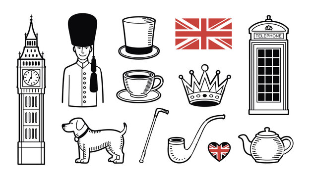 United Kingdom icons set, London landmarks symbols Big Ben guard crown tea phone box British culture vector illustration collection
