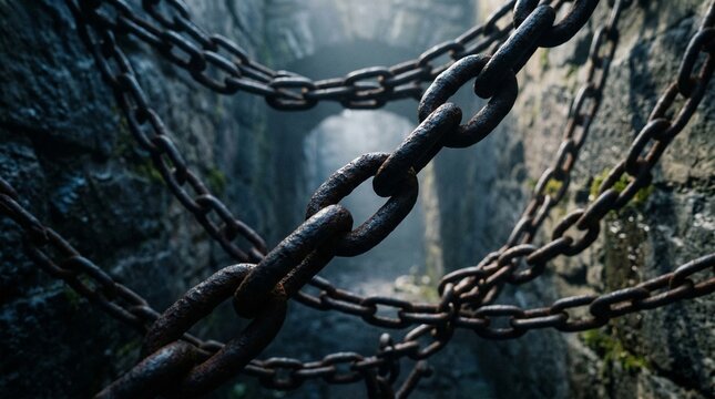Abstract Cinematic Rusty Chains in Ancient Stone Corridor