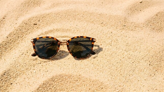 Close-up view of stylish tortoiseshell sunglasses resting on a warm, sandy beach under bright sunlight