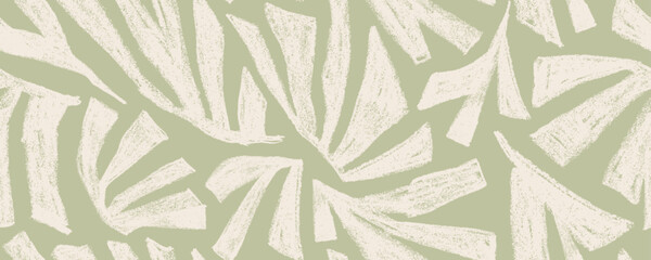 Obraz premium Naive crayon leaves seamless pattern. Hand drawn light pastel green palm leaves with geometric shapes. Vector pencil drawn botanical bg. Chalk texture abstract tropical jungle wallpaper.