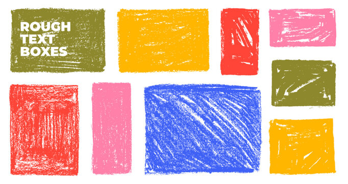 Colorful kid's crayon and chalk text boxes. Hand drawn vector scribble rectangle and square shapes. Text boxes rough speech frames. Playful crayon png rectangles. Geometric shapes collection.