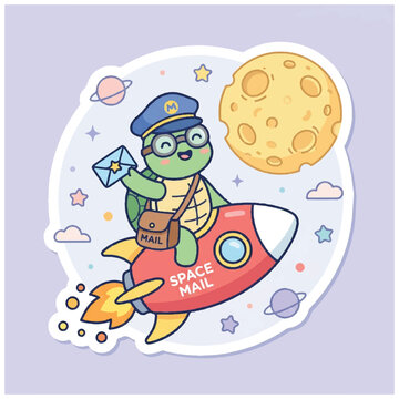 Green turtle in rocket ship.