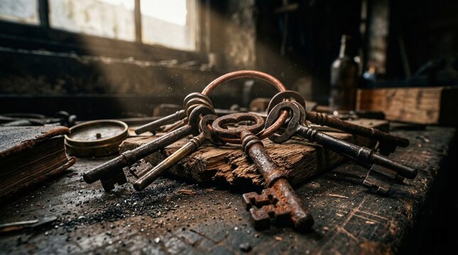 Antique Rusty Keys on Weathered Wood Workbench with Dramatic Cinematic Lighting