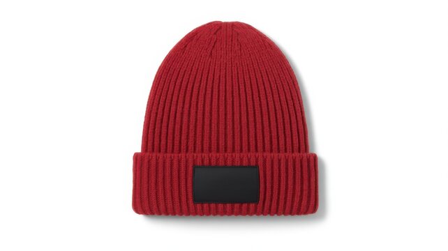 Red ribbed knitted beanie hat with black patch, isolated on white background