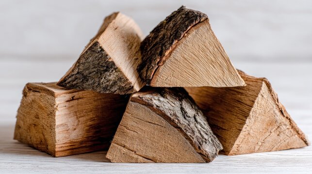 Stacked pieces of split wood show grain and rough bark texture