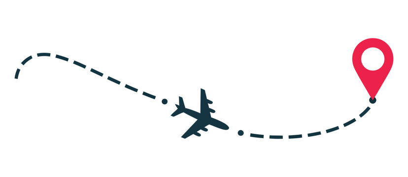 Airplane flight path to location mark with curved plane route line, illustrating tourism journeys, destination pinpoint navigation