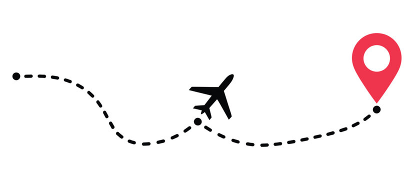 Airplane flight path to location mark, plane route line illustration for tourism and travel, featuring destination mapping